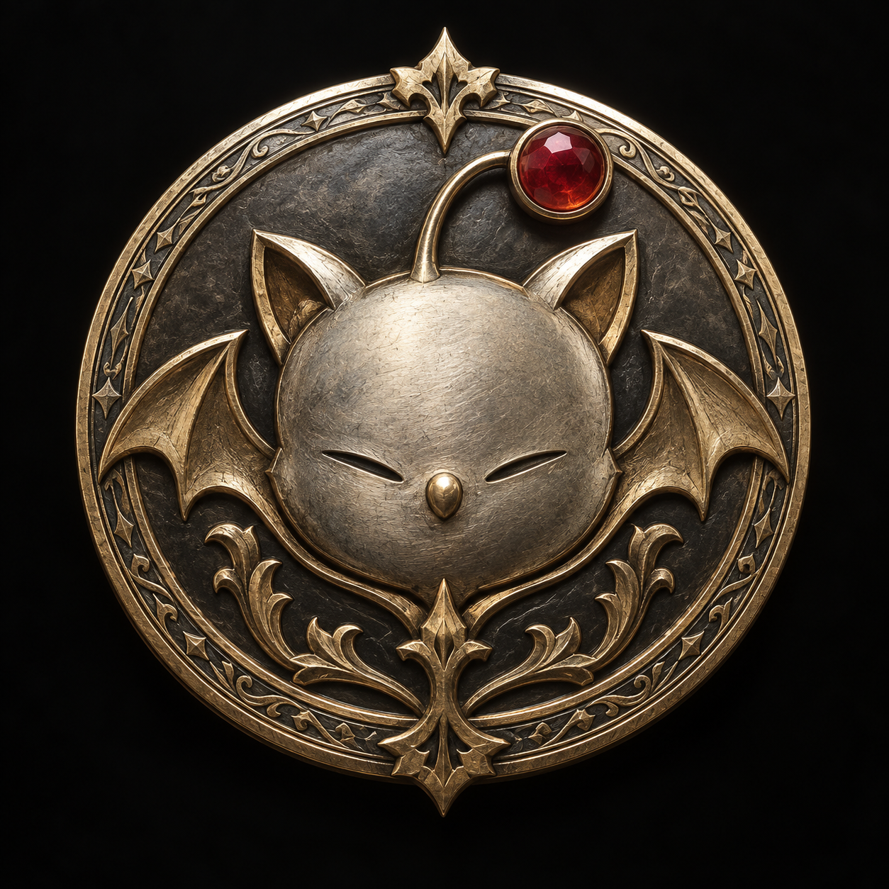 An engraved silver and gold Moogle seal with a garnet pom-pom.